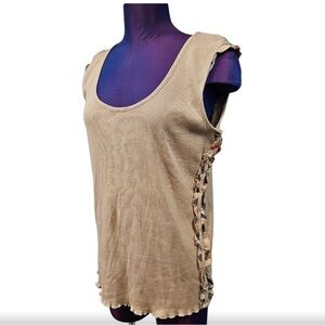 Burberry Camel Ribbed Knit Ruffle Tank Top Size XL Women's P54